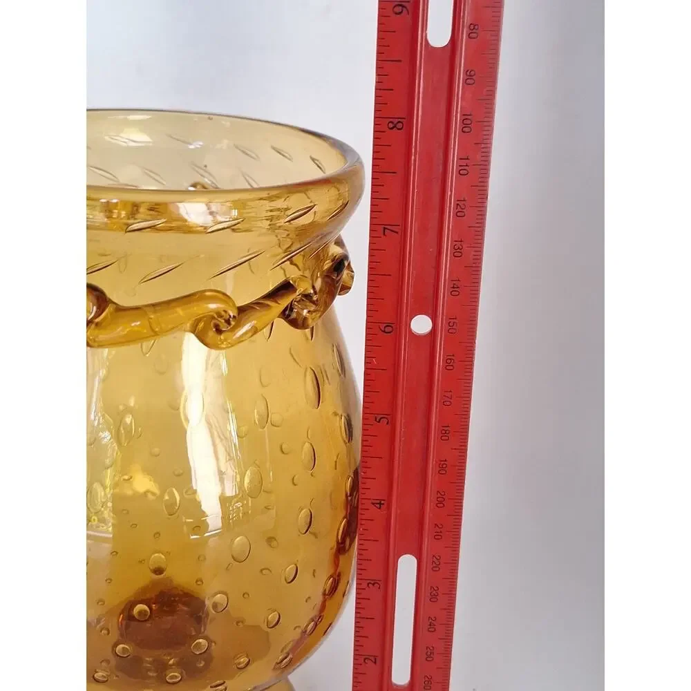 Vintage Amber Controlled Bubble Art Glass Pedestal Vase Applied Rigaree 1960s